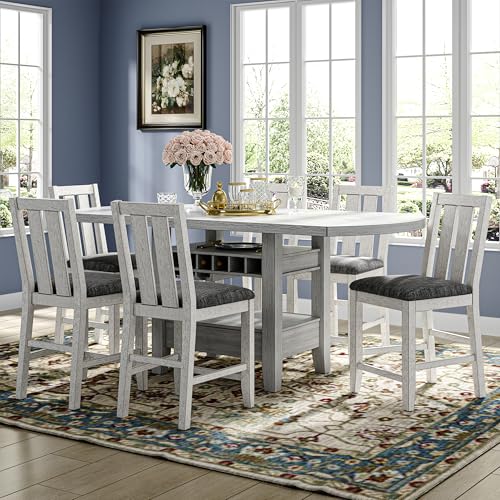 Peatuk Solid Wood Dining Table Set for 6, Modern Breakfast Dinette Expandable Drop Leaf Kitchen Table with Chairs for Dining Room, Kitchen, Grey Peatuk