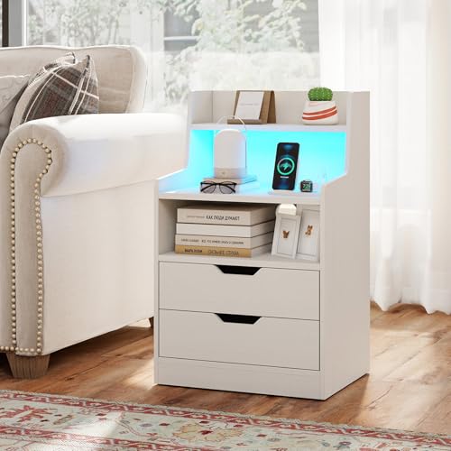 Giantex LED Night Stand with Charging Station, End Side Table w/Open Shelves, 2 Storage Drawers, Cable Holes, Nightstand w/Adjustable Light Color & Mode, Modern Bedside Table for Bedroom (1, White) Giantex