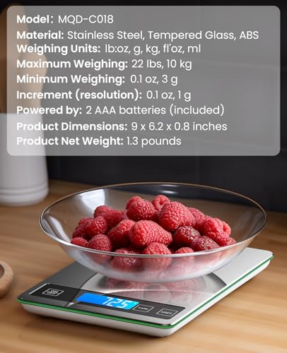 Nicewell Food Scale Digital Weight Grams and oz, 22lb Kitchen Scale for Cooking Baking, 1g/0.1oz Precise Graduation, Sleek Tempered Glass Platform