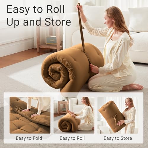 Mollydot Japanese Floor Futon Mattress Queen Size 60"x 80", Foldable Bed Mattress, Portable Tatami Mat Sleeping Pad, Folding Futon Cushion, Roll Up Floor Lounger for Guest Room Dormitory (Brown) Mollydot