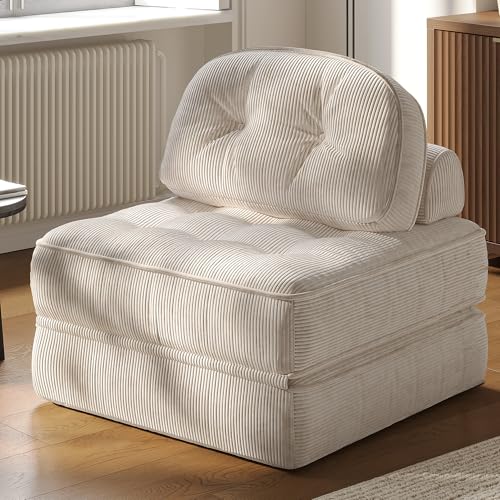 Dowinx Folding Sofa Bed with Pillow, Convertible Comfy Couch Bed for Adults Home Lounge and Gaming, Modern Comfortable Design for Apartment Living Room Bedroom, Single, Ribbed Velvet, White Dowinx