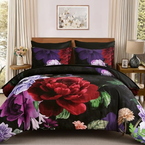WONGS BEDDING Black Comforter Set King Size, 7 Pieces Floral Bed in a Bag Set, Luxury Red Flower Bedding Set, Soft Microfiber for All Season with Pillowcases & Shams,Sheets(90"×104") WONGS BEDDING
