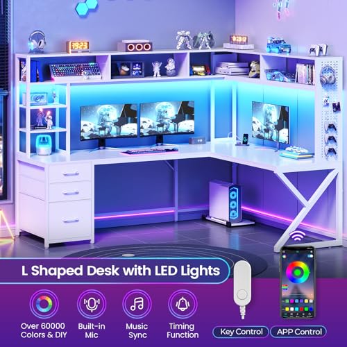 SEDETA Corner Computer Desk, Convertible 94.5" Gaming Desk with Storage Drawers, Hutch and Pegboard, L Shaped Office Desk with Power Outlet, LED Lights for Home Office, White SEDETA