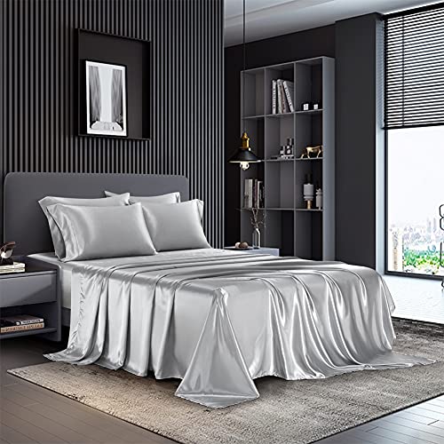 AiMay 4 Piece Twin Size Satin Bedding Sheet Pillowcase Sets Deep Pocket Silky Super Soft Solid Color 1 Flat Sheet 1 Fitted Sheet 2 Envelope Style Pillowcases Sexy Honeymoon (Twin, Silver/Light Grey) AiMay