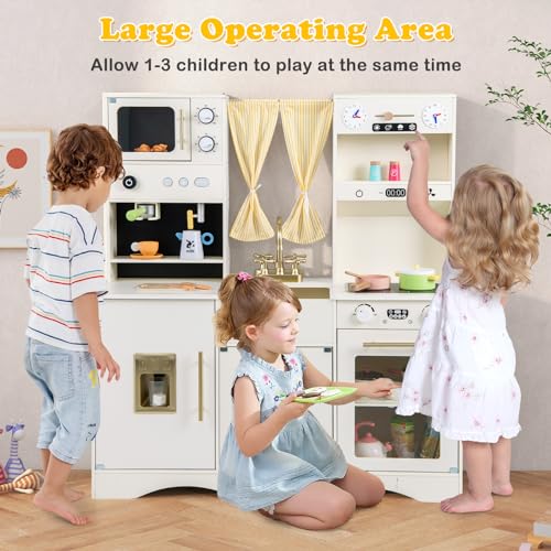 INFANS Kids Kitchen Playset, Cooking Toy Kitchen Set with Coffee Machine Stove Removable Sink Microwave Storage Cabinet, Simulation Wooden Play Kitchen for Toddler Boys Girls (Cream White) INFANS