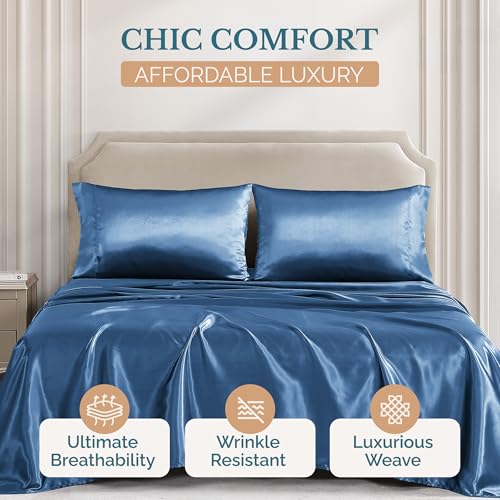Casa Platino Satin Sheets Twin Size - Smooth Twin Sheets with 15 Inch Deep Pocket Fit, Makes for a Cool Nights Sleep, Great for Hot Sleepers, Helps with Hair Protection, Wrinkle-Resistant - Dark Blue Casa Platino