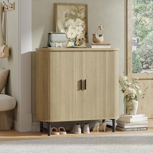 Maupvit Shoe Storage Cabinet with Smooth Fluted Sliding Doors, 5-Tier Shoe Cabinet Storage for Entryway, Narrow Hidden Shoe Rack for Front Door Entrance, Metal Handles and Legs, Natural Maupvit