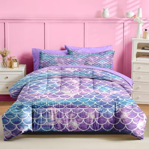 Nesker 5 Pcs Comforter Set Twin Size, Blue Purple Gradient Bedding for Kids Teen, Mermaid Scale Bedding Set with Pillowcase & Sham Nesker