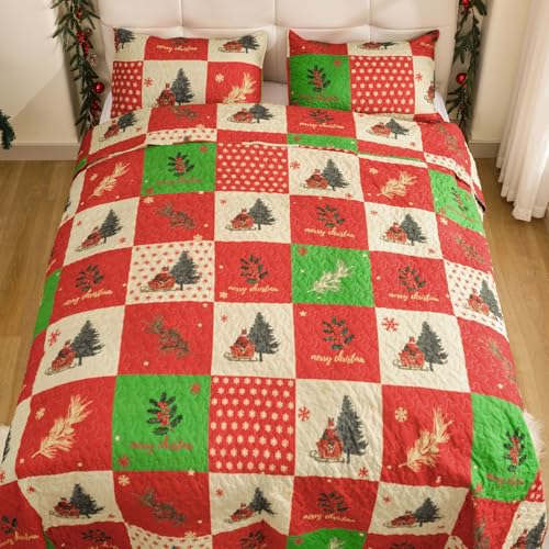 ROMROL Christmas Quilt Set King Size, Red Plaid Christmas Bedding Comforter Set Lightweight Patchwork Elks Quilted Coverlet Bedspread with 2 Pillow Shams(96 * 90”) ROMROL