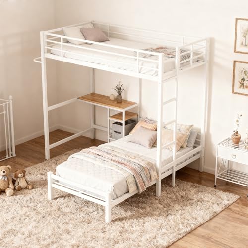 KEIKI Twin Over Twin Size Bunk Bed with Desk, L-Shaped Metal Bunk Bed Storage Shelves, Loft Beds with Safety Guardrail and Ladder for Teen, White KEIKI