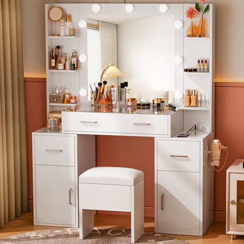 Makeup Vanity Desk with Lights, Glass Top Vanity with Charging Station, Vanity Mirror with 9 LED Lights Desk, Nightstand, Vanity Set with Storage Bench, 3 Lighting Modes Brightness Adjustable, White VALONDINO