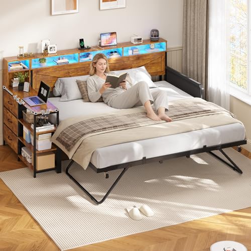 MSmask Daybed with Trundle, Twin Day Bed with 3 Storage Drawers and Shelves, Farmhouse Wooden Daybed Frame with Charging Station and LED Lights for Bedroom, Rustic Brown MSmask