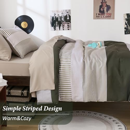 Twin Size Comforter Olive Green Striped Comforters for Boys&Girls,5 Pieces Bed in A Bag Simple Neutral-Style Bedding Sets for Kids Teen Cottolester