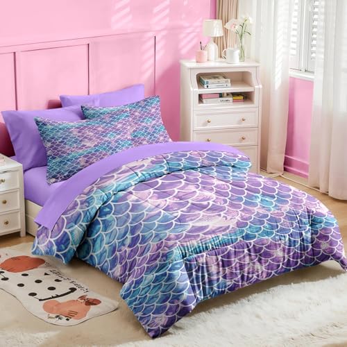 Nesker 5 Pcs Comforter Set Twin Size, Blue Purple Gradient Bedding for Kids Teen, Mermaid Scale Bedding Set with Pillowcase & Sham Nesker