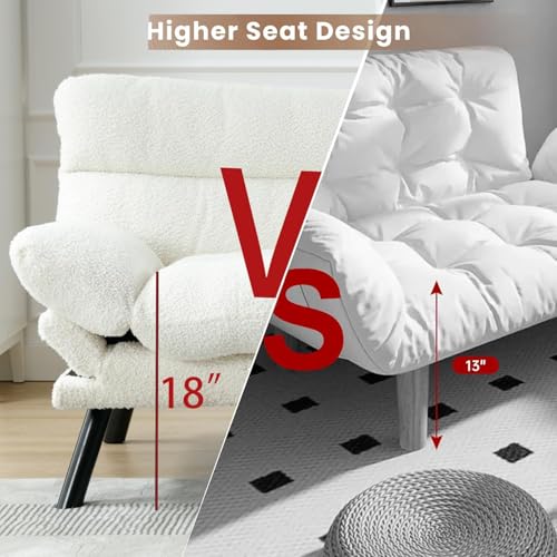 White Modern Teddy Velvet Convertible Folding Futon Couch Sofa Bed Adjustable Pillow Top Arm Memory Foam Couch Double Love Seat Sofa for Compact Space, Dorm, Apartment, Bedroom Loveseat (White) Gustonhon