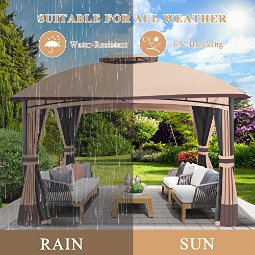 10’x 12’ Outdoor Gazebo, Double Roof Patio Gazebo with Netting and Curtains, Metal Frame Outdoor Patio Canopy for Deck Backyard Garden Raysfung