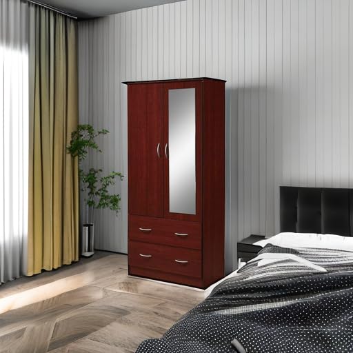 HODEDAH 2 Door Wood Wardrobe Bedroom Closet with Clothing Rod inside Cabinet, 2 Drawers for Storage and Mirror, Mahogany Hodedah