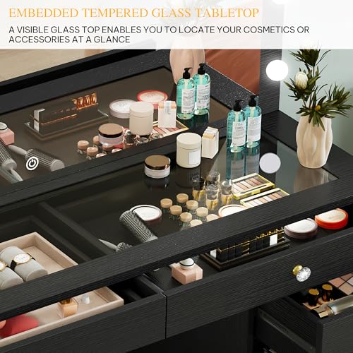 YITAHOME Makeup Vanity Desk with LED Mirror & Light, Large Makeup Table with 8 Drawers, Magnifying Glass, Power Outlets, Hairdryer Holder & Cushion Stool for Dressing Room, Black Vanity Set YITAHOME