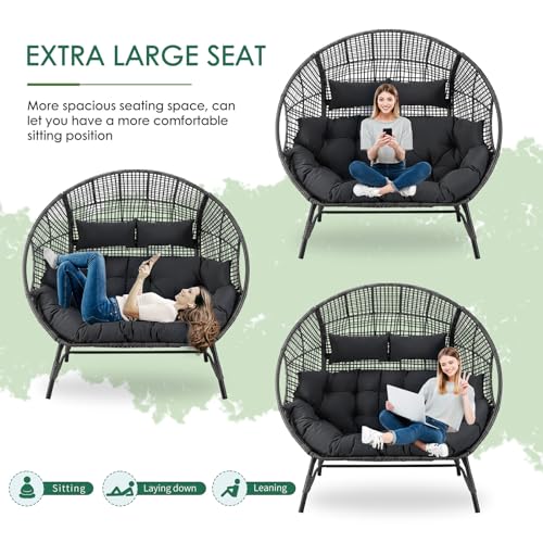 NICESOUL® Double Egg Chair Indoor Outdoor Stationary Oversized Thicken Padded Cushions,2 Person Egg Loveseat Chair,680 lbs Extra Large Lounge Chair for Patio Balcony Porch Backyard Gray NICESOUL