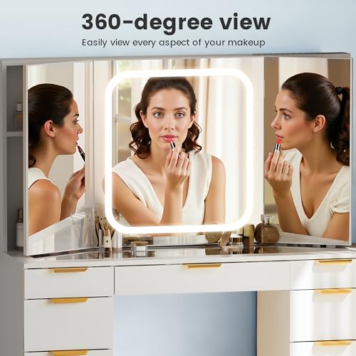 Fkhouse Glass Top Vanity Desk with Foldable Mirror and Lights, 11 Drawers Makeup Vanity with Charging Station, 3 Lighting Modes Dressing Table with Chair, White Fkhouse
