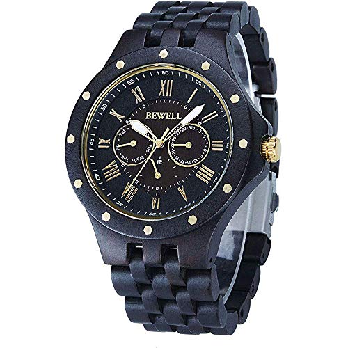 BEWELL Wood Watches for Men, Vintage Mens Wrist Watches with Calendar Luminous Hands Wooden Strap (Black Sandalwood) BEWELL