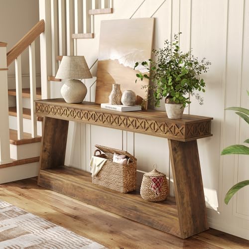 LITTLE TREE 70.87" Long Farmhouse Console Table, 2-Tier Shelf Narrow Accent Entryway Sofa Table for Living Room, Behind Couch, Hallway - Brown LITTLE TREE