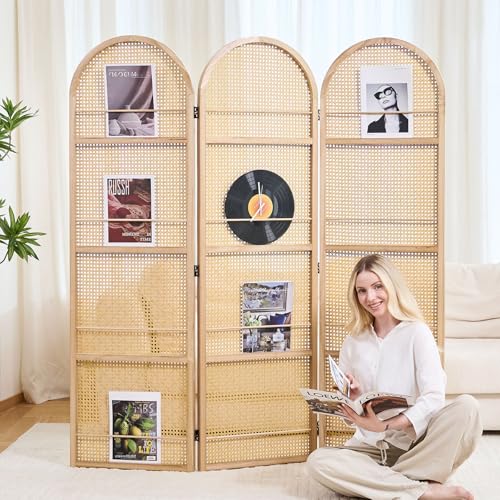 Rattan Room Divider with Bookshelf,Foldable Privacy Screen Partition,Wooden Frame,Natural Portable for Living Room,Bedroom Home,Office Reading Nook (Natural, 3 Panels) Svimi