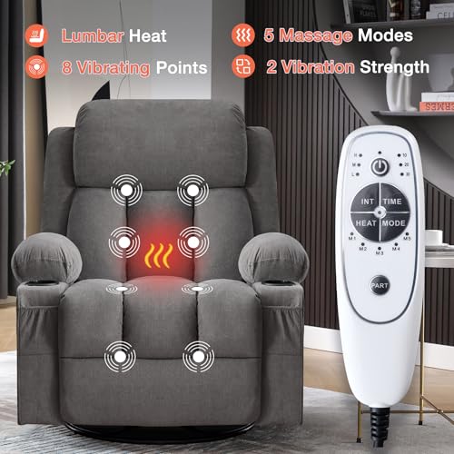 BOSMILLER Swivel Rocker Recliner Chair with Vibration Massage and Lumbar Heating Ergonomic Lounge Chair for Living Room with Rocking Function and Side Pocket, 2 Cup Holders, USB Charge Port