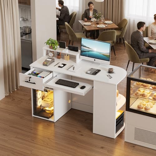 Modern Reception Desk with LED Light and Open Shelves, Front Desk with Lockable Drawers & Keyboard Tray,Reception Counter Table with Storage for Checkout, Office, Lobby, Nail Salon Spa (C.White) SDMY