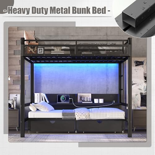 Bellemave Full Over Full Bunk Beds with Storage Shelves & Drawers, Metal Bunk Bed Full Over Full with Charging Station & LED Lights, Space Saving Bed Frame Convertible to Sofa Design, Black Bellemave