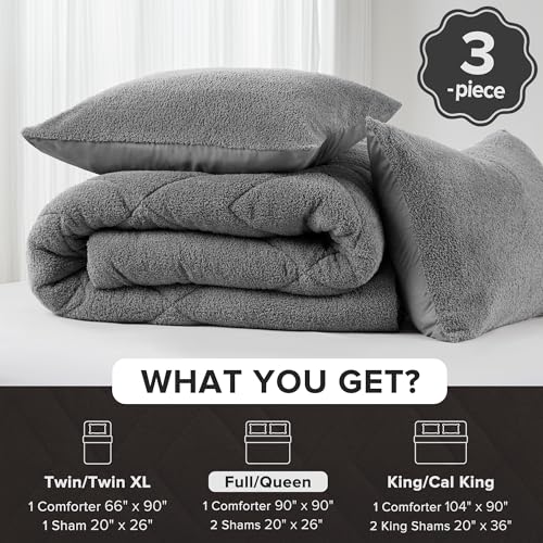 Comfort Spaces Queen Comforter Set Reversible Feather-Soft Plush Comforters for Queen Size Bed All Season Lightweight Shearling Fleece Sherpa Comforter Queen Size Bed Set, Full/Queen, Grey 3 Piece Comfort Spaces