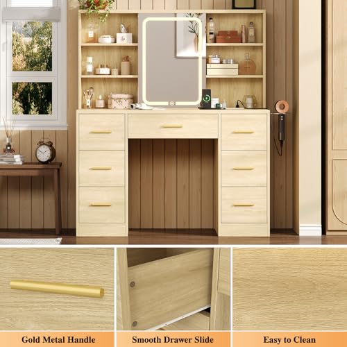 47'' W Large Vanity Desk with Mirror and Lights, 8 Storage Shelves 7 Drawers Vanity Table, Big Makeup Vanity Desk with 3 Lighting Modes, Vanity Dresser with Charging Station, Sliding Mirror (Natural) knoworld