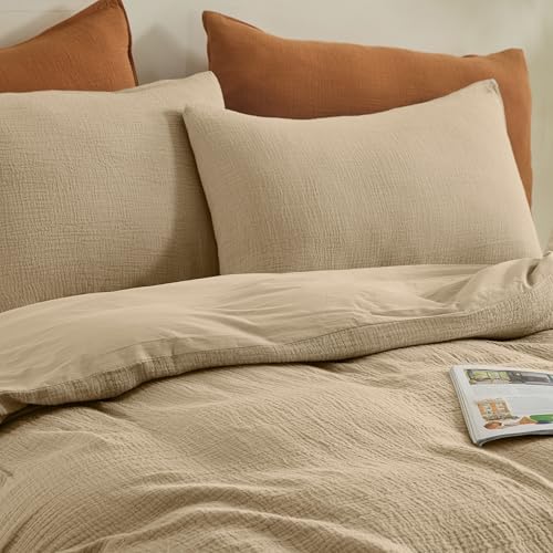 Simple&Opulence Linen Muslin Duvet Cover Set California King, 3Pcs Camel Linen Cotton 3-Layer Gauze Minimalist Comforter Cover 104”x98”, Ultra Soft Breathable Seersucker Bedding Set with 2 Pillowcases Simple&Opulence