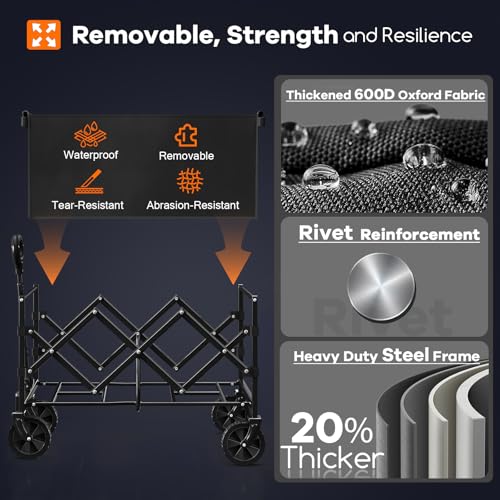 Originsure Collapsible Wagon Cart Foldable - Portable Heavy Duty Folding Beach Wagons with Wheels - Outdoor Utility Carts for Groceries, Shopping, Camping, Sports, Garden with Large Capacity - Black Originsure