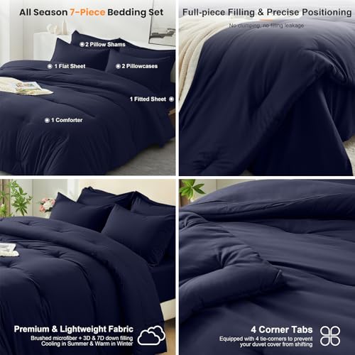 Easthome Queen Comforter Set 7 Piece - Soft Bed in a Bag Queen Size Comforter Sets, Cozy Bedding Sets with Down Alternative Comforter, Flat Sheet, Fitted Sheet, 2 Pillowcases & 2 Shams, Navy Blue Easthome