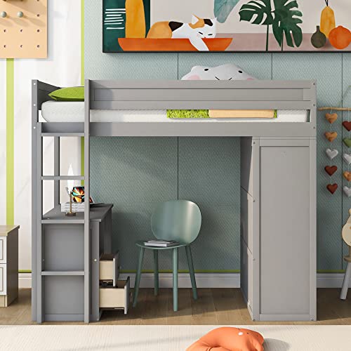 Merax Loft Bed Twin with Desk and Wardrobe, Storage Design with Drawers & Cabinet, Wood Loft Bed Frame for Adult, Teen Girls & Boys(Grey) Merax