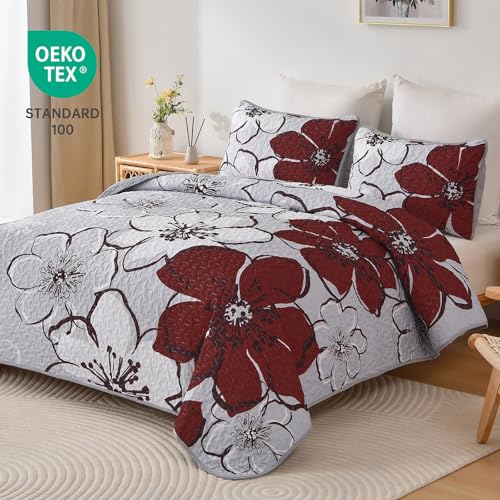 Luxudecor Floral Quilt Set Queen 3 Pieces Red Flower Quilt Coverlet Set with 2 Pillow Cases, Lightweight Soft Microfiber Reversible Boho Bedspread for All Seasons 96"x90" Luxudecor