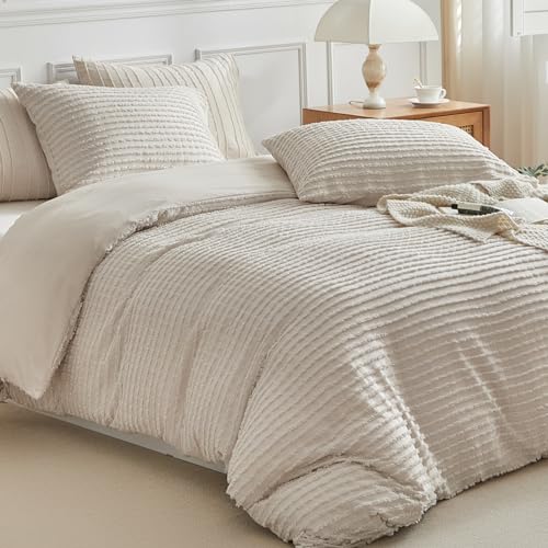 WARMDERN Boho Duvet Cover Set King Size,Khaki Striped Duvet Cover Microfiber Bedding Set,3PCS Ultra Soft Breathable Lightweight Tuft Texture Pattern Duvet Covers with Zipper Closure(Khaki,King) WARMDERN
