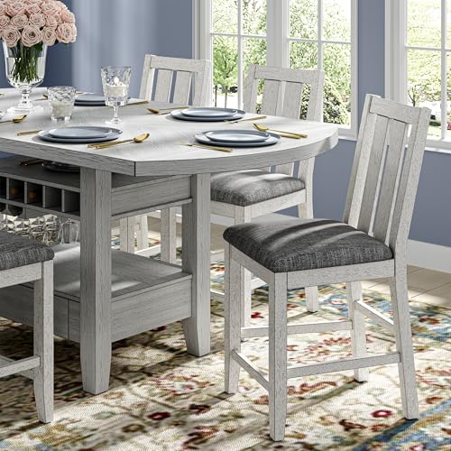 Peatuk Solid Wood Dining Table Set for 6, Modern Breakfast Dinette Expandable Drop Leaf Kitchen Table with Chairs for Dining Room, Kitchen, Grey Peatuk