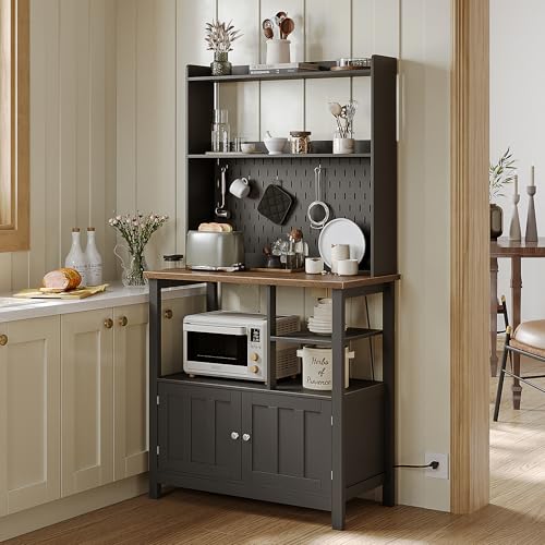 ChooChoo Pantry Cabinet with Charging Station, Kitchen Storage Cabinet with Microwave Stand, Farmhouse Kitchen Hutch with Storage for Living Room, Dining Room, Black & Espresso ChooChoo