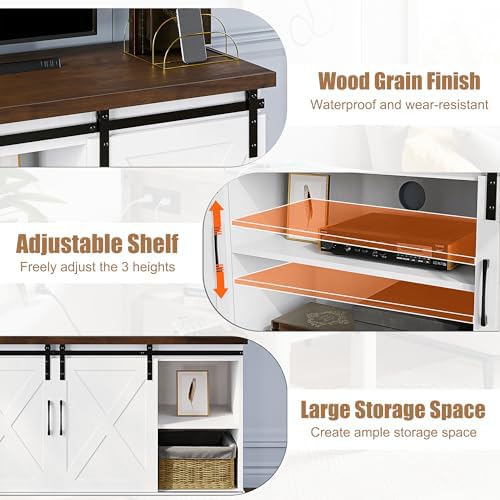 IDEALHOUSE Farmhouse Tv Stand for 65 Inch TVs, Entertainment Center with Sliding Barn Doors and Adjustable Shelf, Modern Storage Media TV Console TV Stand Table for Living Room, Bedroom, White IDEALHOUSE