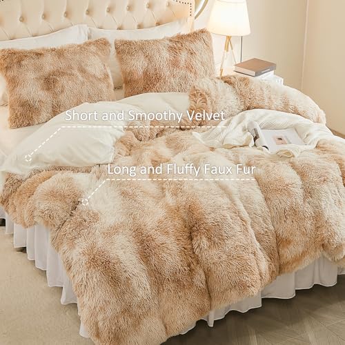 EMME Luxury Khaki Fuzzy Duvet Cover Set Twin Size Fluffy Comforter Cover Set 2 Pieces Shaggy and Plush Soft Bedding Duvet Covers (Tie Dye Khaki, Twin) EMME
