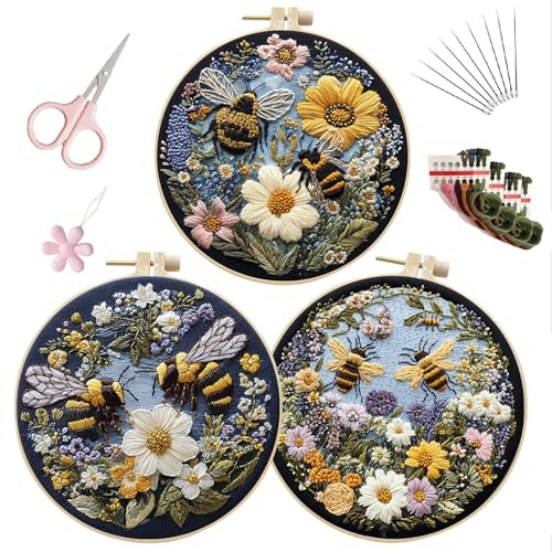 LB Yellow Floral Embroidery Kit for Beginners Adults, 3 Sets Hand Embroidery Starter Kit with Bee Pattern and Instructions Stamped Cross Stitch Kits Include Embroidery Hoop Needles Threads Scissors