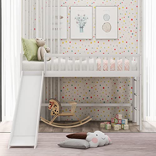 Bellemave Twin Size Loft Bed with Ladder & Slide, Toddler Loftbeds with Safety Rails,Wood Twin Low Loft Bed with Storage Space for Kids Toddler (White) Bellemave
