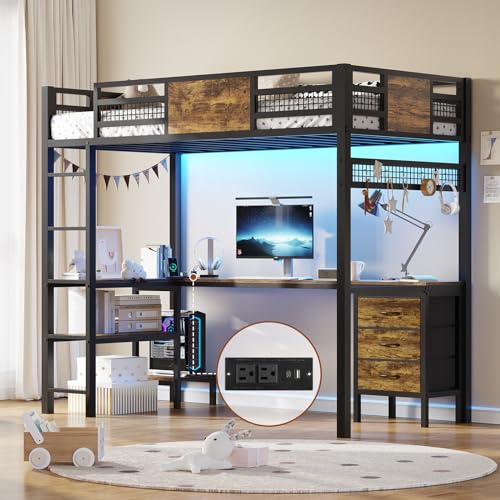 BTHFST Twin Loft Bed with L-Shaped Desk, LED Lights & Charging Station, 3 Fabric Drawers, Safety Guard & Ladder BTHFST
