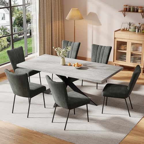 ZckyCine 6-Piece Extendable Dining Table Set, Modern 51''–67'' Grey Wood Table with 6 Black Fabric Chairs, Dining Room Table and Chairs for 6, Ideal for Kitchen or Dining Room ZckyCine
