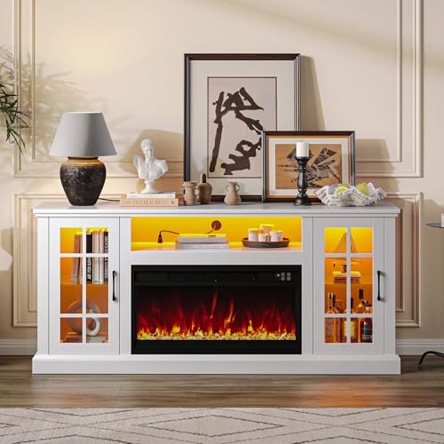 Rolanstar Fireplace TV Stand with Led and Power Outlets, White Entertainment Center with 26" Electric Fireplace for 45/50/55/60/65 inch TVs, Modern TV Console with Storage Cabinet for Living Room Rolanstar