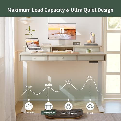 FEZIBO Height Adjustable Electric Standing Desk with 5 Drawers, 55 x 24 Inch Table with Storage Shelf, Sit Stand Desk White Frame/Light Walnut Top, 55 inch FEZIBO