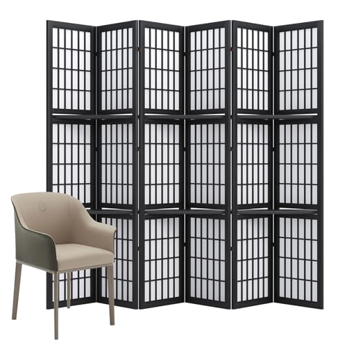 Room Divider with Shelves, 66.9-Inch Tall Japanese Shoji Style Wood Screen with Double Hinges for Home Office Decoration (6 Panels, Black) Svimi