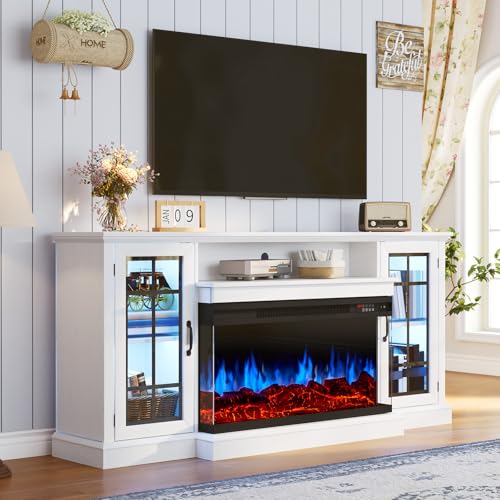 OneBlis 70 Inch Fireplace TV Stand for TVs up to 80", Rustic Media Entertainment Center Console Table with Glass Door Closed Storage, 3-Sided Glass Fireplace, White OneBlis